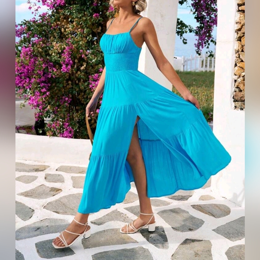 New Flowy Boho Ruched Cami Maxi Dress Blue - Picture 2 of 8